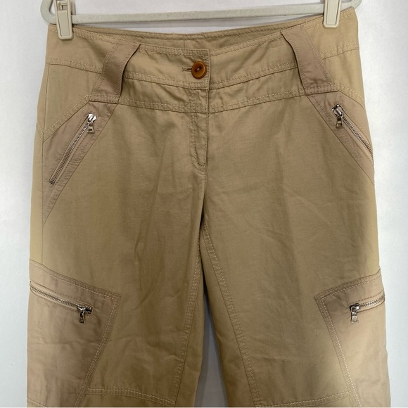 MARC AUREL KHAKI TAN CARGO WIDE LEG ZIPPER COTTON LINEN PANTS - Picture 4 of 14